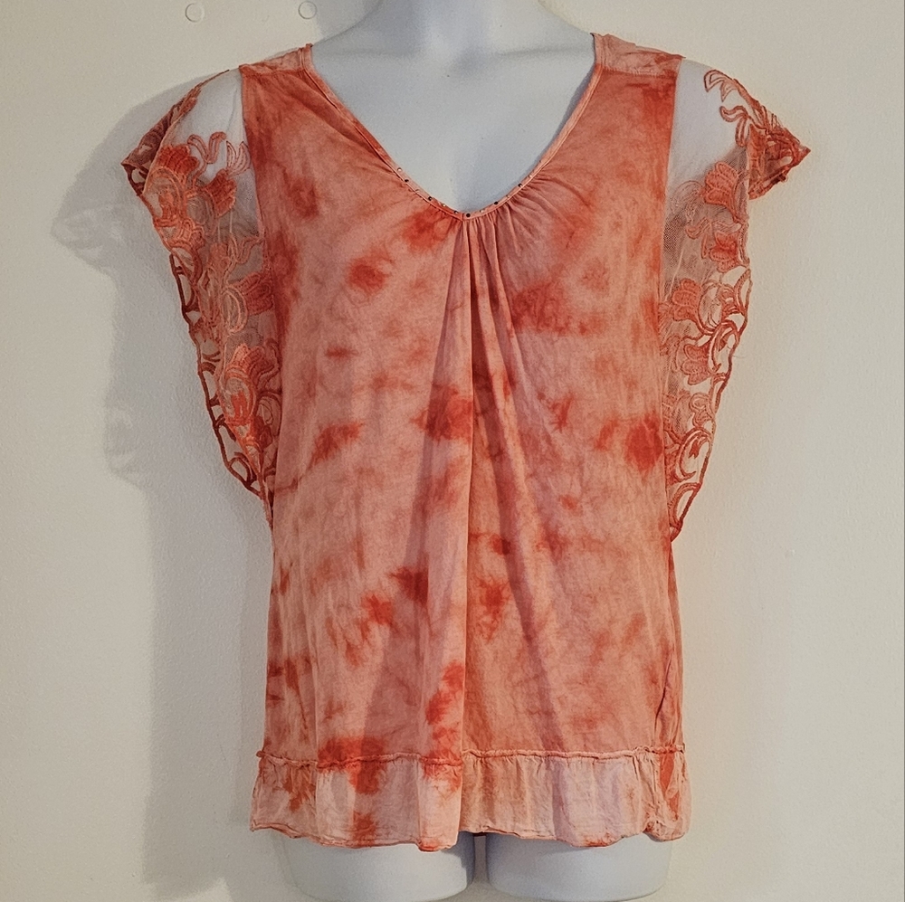 One World Jrs XL Boho Pink Angel Fairy Wing Ruffle Lace Tie Dye Top *Runs Small*
